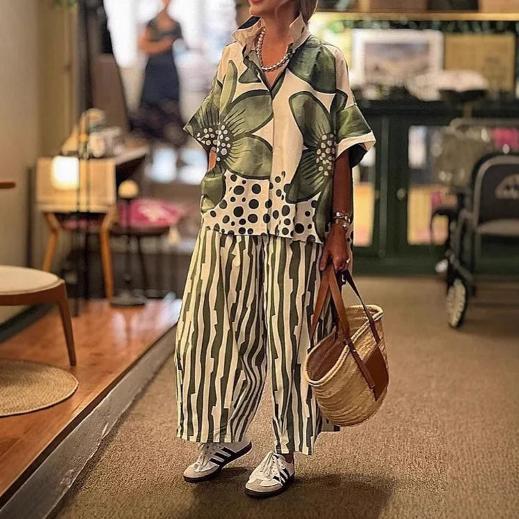 2 Piece Sets Women Summer Print Loungewear Long Pants Sets Vintage