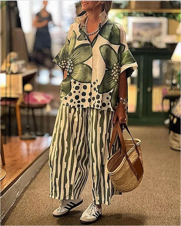 2 Piece Sets Women Summer Print Loungewear Long Pants Sets Vintage