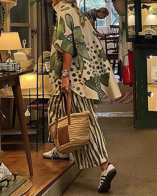 2 Piece Sets Women Summer Print Loungewear Long Pants Sets Vintage