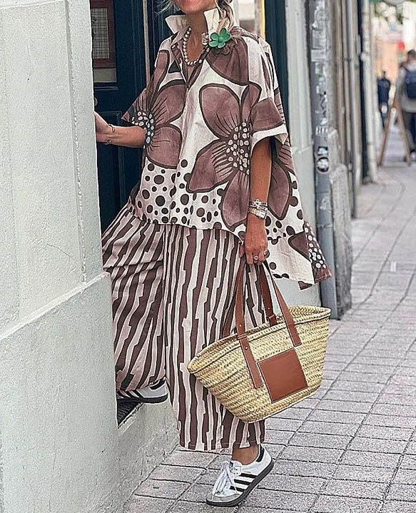 2 Piece Sets Women Summer Print Loungewear Long Pants Sets Vintage